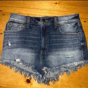 Frayed Hem Dark Blue Denim Shorts - Women